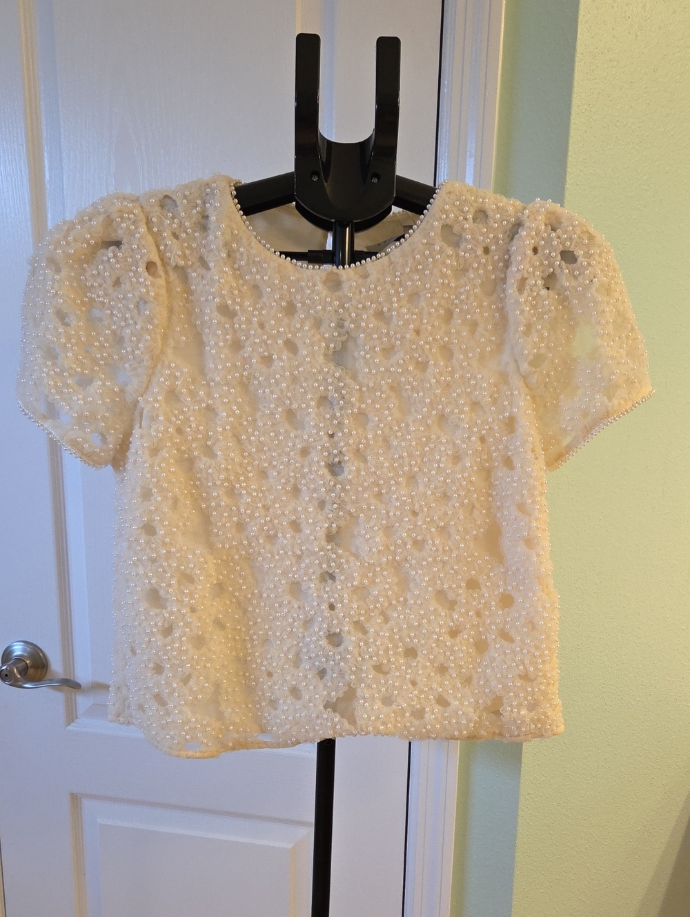 Woman's Endless Rose Champagne Pearl-Embellished Short Sleeve Top